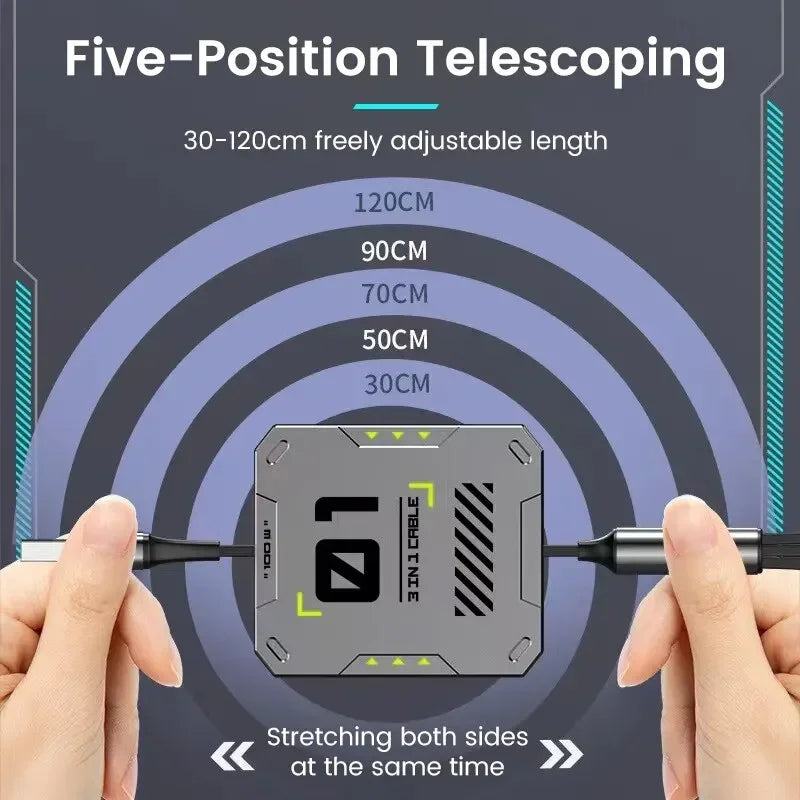 Carvallo 2-in-1 Laddkabel | Snabbladdning 100W | Utdragbar & Universell | FlexiCharge för iPhone, Android & USB-C