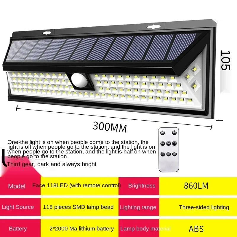 Carvallo 90 Solar Vägglampa med rörelsesensor | 90 LEDs | 3 lägen | IP65 Vattentålig | 4400 mAh Batteri | Utomhusbelysning för trädgård, terrass & gård