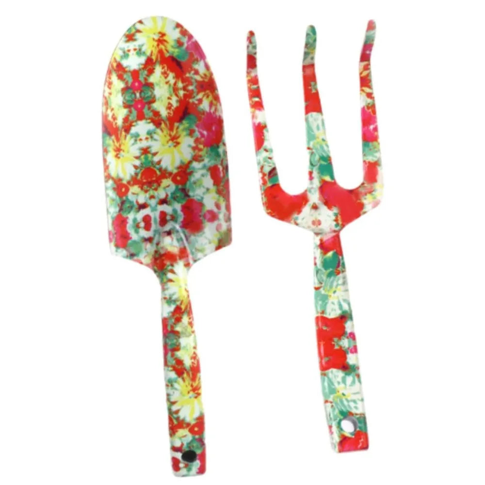 Carvallo GardenSet Trädgårdsverktygssats i rostfritt stål | 2-delad: Handskovel & Blomgaflar | 26–29,5 cm | Blommönster i 6 färger
