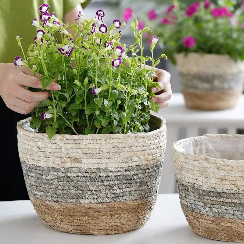 Carvallo LeafBasket växtkorg av naturfiber | Handflätad & Robust | För golv & Bord | Boho Dekor för Hemma & Kontor
