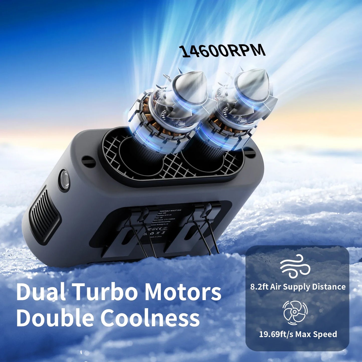 Carvallo StormClip Bärbar Utomhus-Bältesfläkt 2025 | 5-stegs Turbo-Vind | 360° Vridklipp | Powerbank & LED-ljus