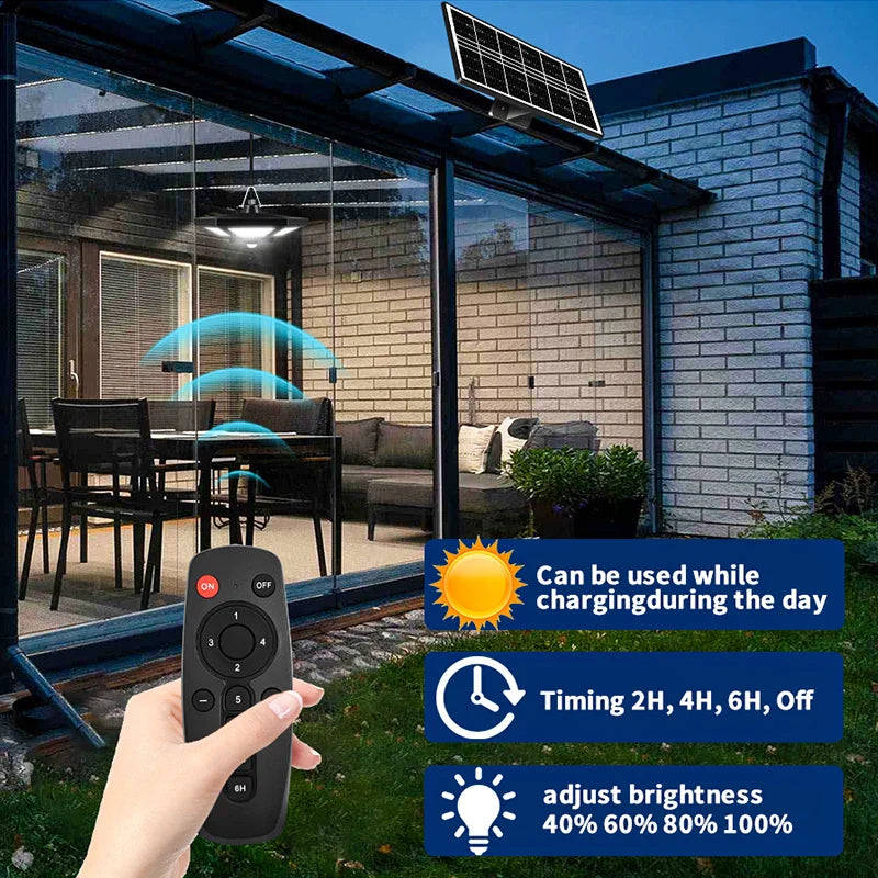 Carvallo LuminoDrop Solhängande lampa med 180 LED &amp; fjärrkontroll | Rörelsesensor &amp; 5 lägen | För terrass, garage &amp; ladugård