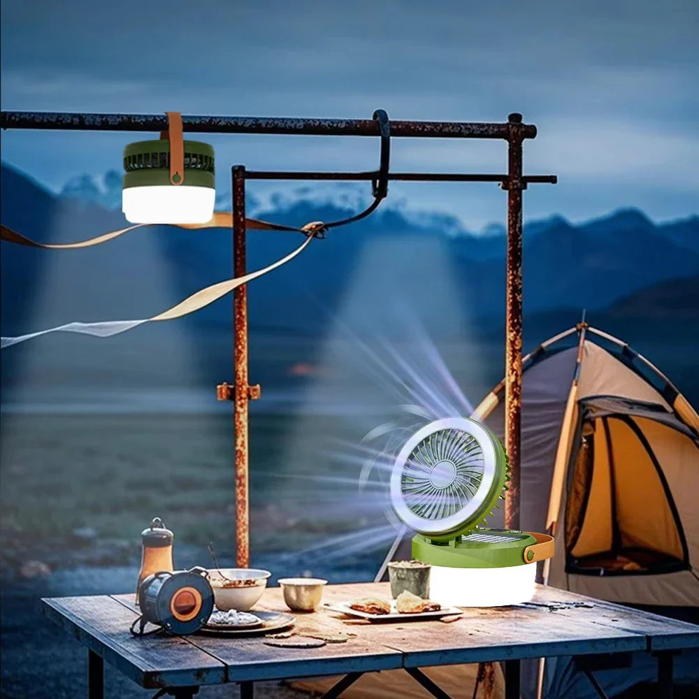 Carvallo Fällbar Sol-Campinglampa med Fläkt 12 × 12 cm | 2-i-1 Tältslampa & Kylfläkt med 4 Ljuslägen | USB & Solarbatteri utomhuskombination