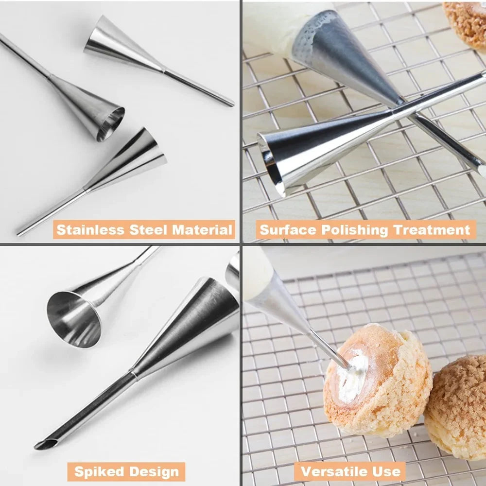 Carvallo Pro Rostfritt Stål Spritstyllar Set 3-delar | Lång tyll för Profiteroles & Fyllkräm | Bakningstillbehör för Tårtor, Cupcakes & Patisserie