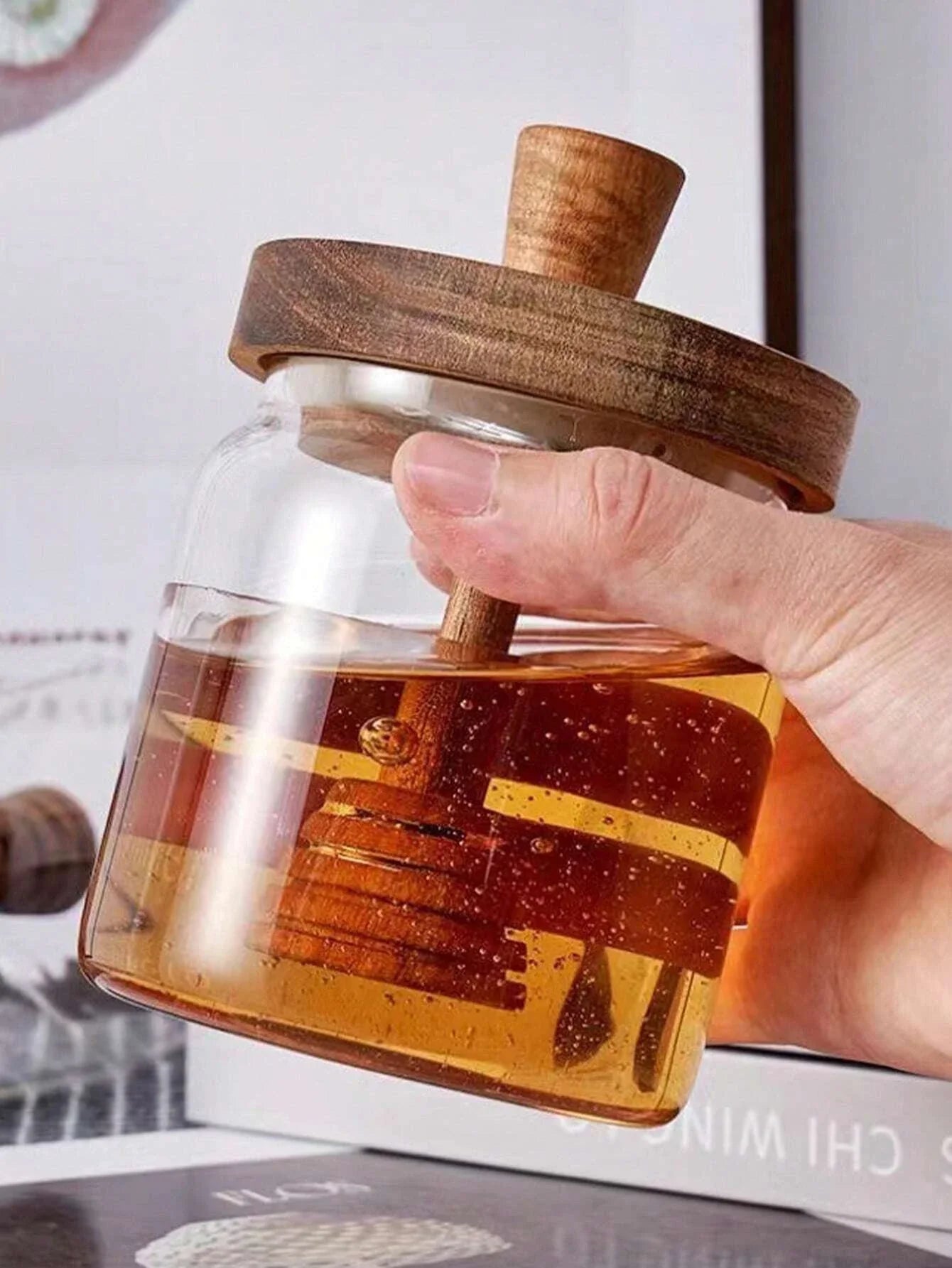 Carvallo Honungsglas med trälock & rörpinne | Lufttät förvaringsbehållare av glas | Transparent honungsbehållare för kök & frukostbord