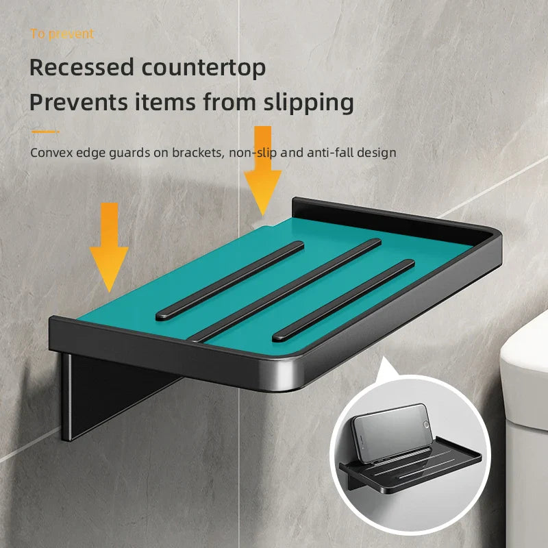 Carvallo DuschLine Duschablage Svart | Vägghylla i ABS-plast | Utan borrning | Med mobilhållare | Modernt bad-organisationstalanger