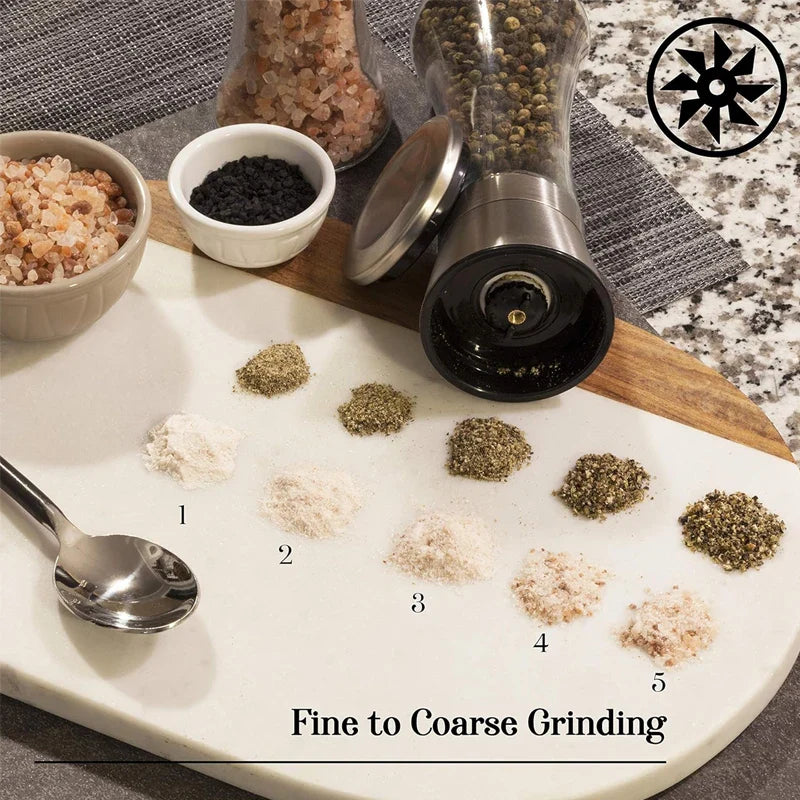 Carvallo Salt- & Pepparkvarn i glas och rostfritt stål | Kryddkvarn med justerbar malverk | För peppar, salt, spiskummin & mer | Aromafrisk & lätt att fylla på