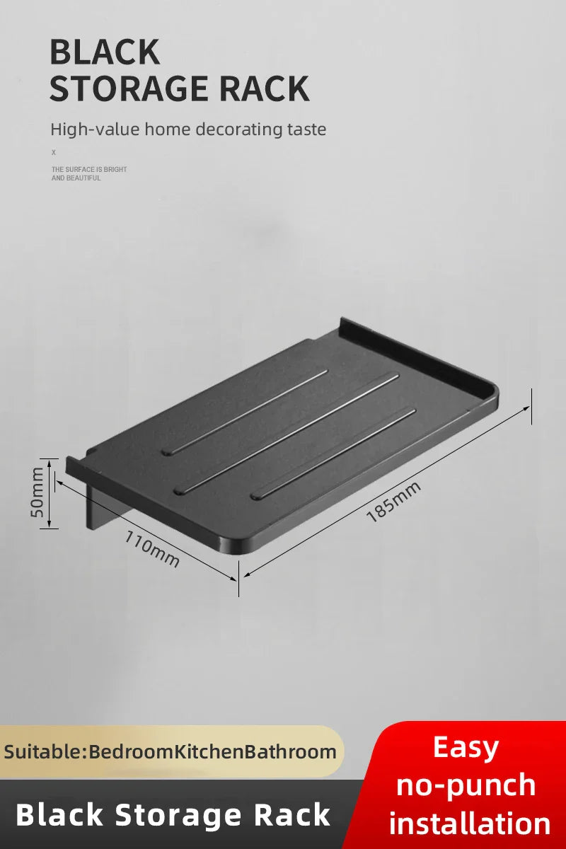 Carvallo DuschLine Duschablage Svart | Vägghylla i ABS-plast | Utan borrning | Med mobilhållare | Modernt bad-organisationstalanger