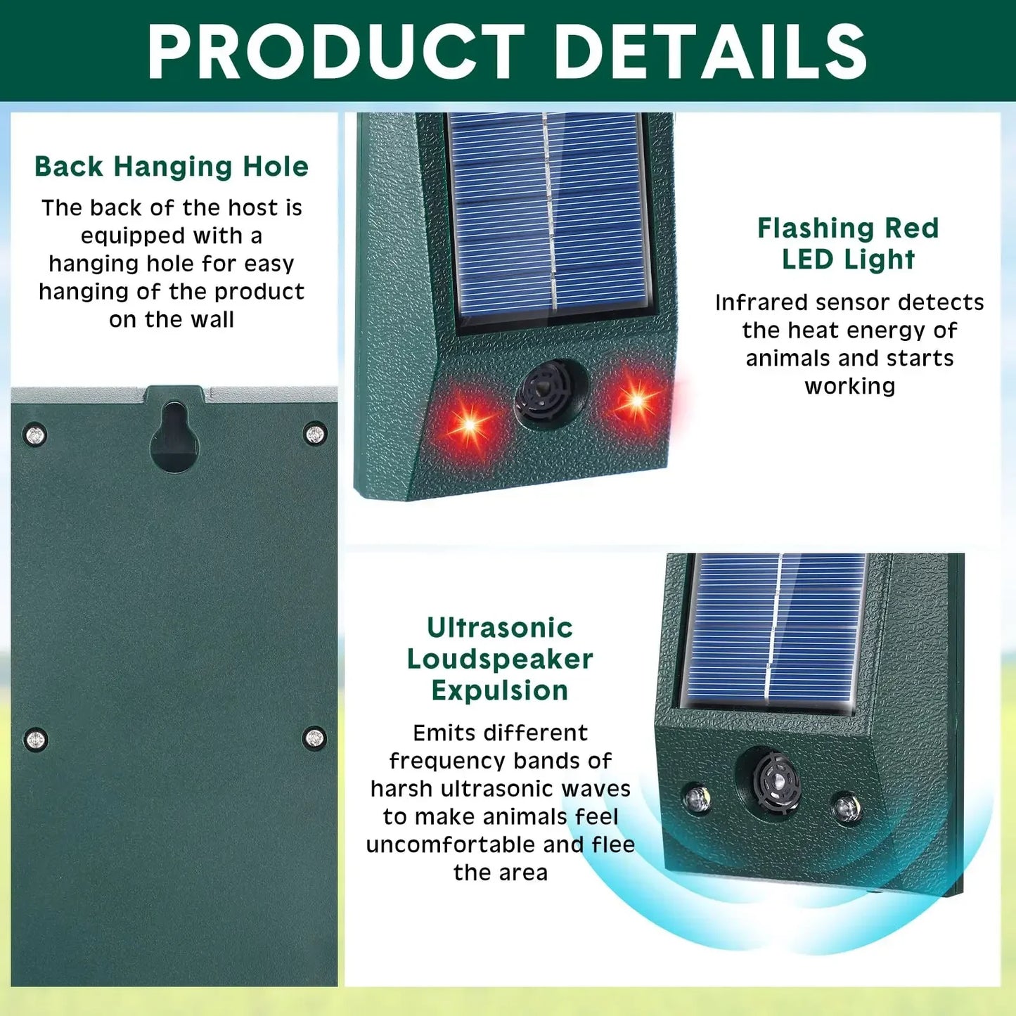 Carvallo Ultrasonisk Fågelavskräckare Solar | Med LED & Rörelsesensor | Vattentät IP58 | 600 m² Täckning