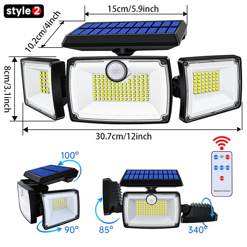 Carvallo MaxView 167 Solar Säkerhetsstrålkastare 167 LEDs | 3 Svängbara huvuden | Rörelsesensor & 3 Ljuslägen | IP65 Vattentät | 2200 Lumen