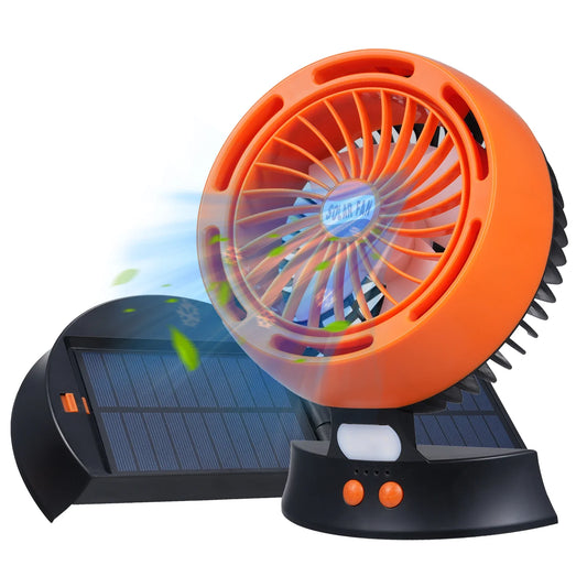 Carvallo Solar Campingfläkt med LED & avtagbar solpanel | 4 lägen & 3 ljusstyrkor | 10400 mAh batteri & Typ-C | Tyst & Mobil