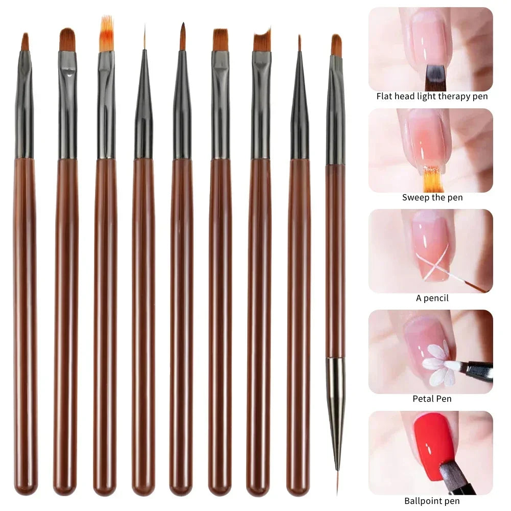 Carvallo Nageldesign penselset | 9-delat | Fina nylonspetsar &amp; akrylhandtag | För 3D nagelkonst &amp; precisionsdesign
