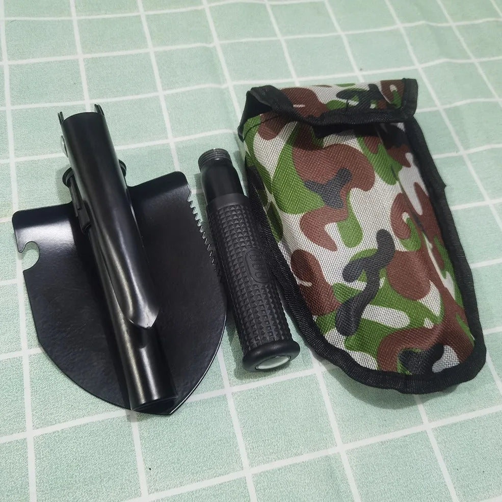 Carvallo Pro Klappspade | 4-i-1 rostfritt stål spade | Fällbar & multifunktionell | Med bärväska | För utomhus och camping