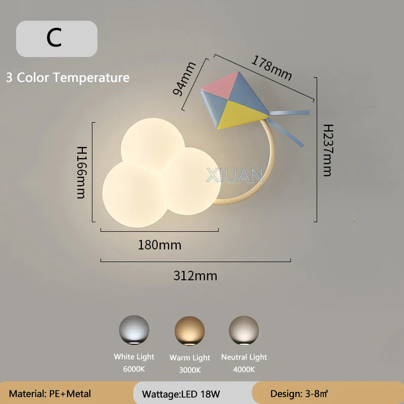 CartoonFlygplan - Barnkammarens Vägglampa med Stjärnor, Regnbåge och Flygplansdesign