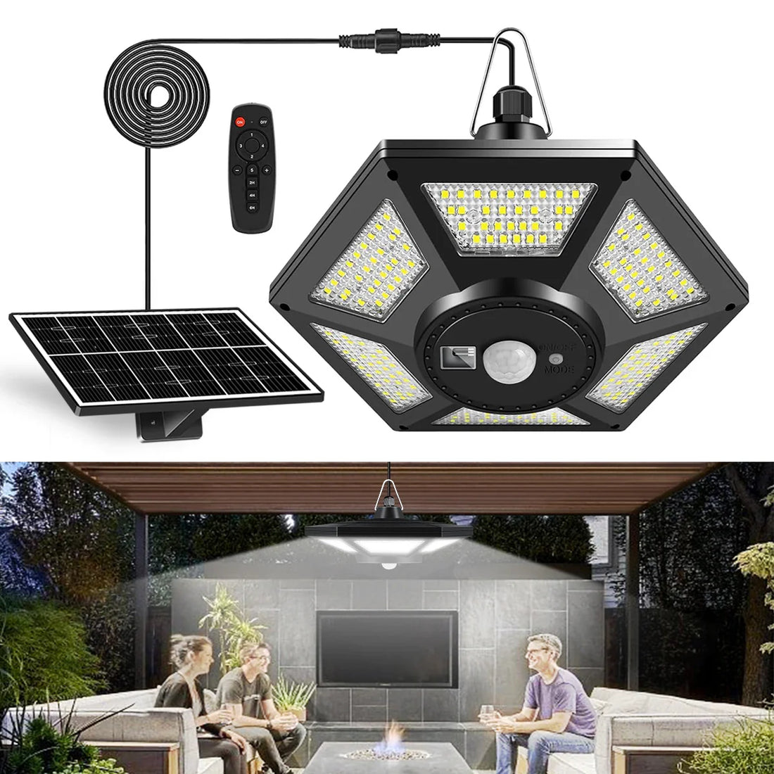 Carvallo LuminoDrop Solhängande lampa med 180 LED &amp; fjärrkontroll | Rörelsesensor &amp; 5 lägen | För terrass, garage &amp; ladugård