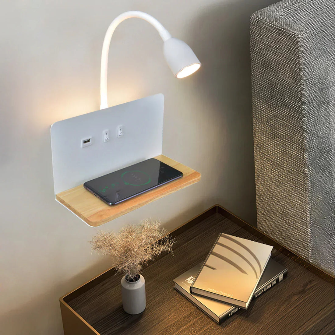 BrightShelf - LED Vägglampa med USB-port och Hylla