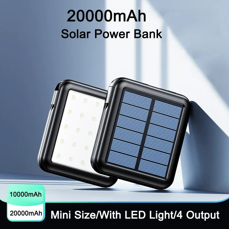 Carvallo Powerbank ENERIVIA Mini 20000mAh | Integrerade kablar | Solarladdning & LED-lampa | 4 utgångar & 3 ingångar | Snabbladdningsfunktion