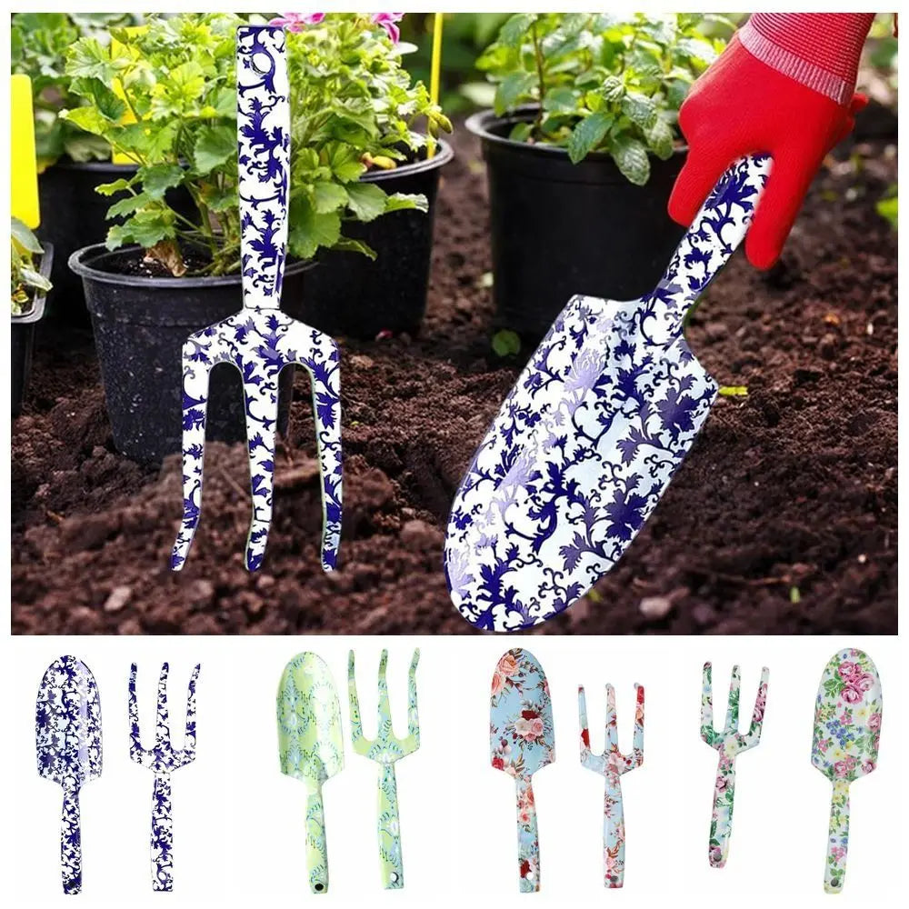 Carvallo GardenSet Trädgårdsverktygssats i rostfritt stål | 2-delad: Handskovel & Blomgaflar | 26–29,5 cm | Blommönster i 6 färger