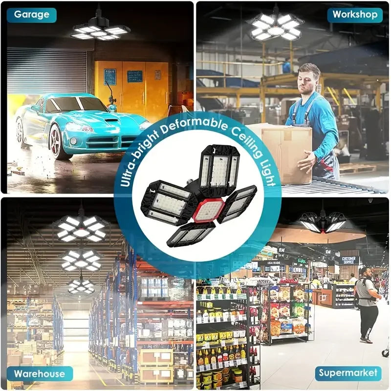 Carvallo LED Garage Lamp | Foldable Ceiling Light with 3–12 Adjustable Panels | E27 Socket | 6500K Daylight – For Workshop, Warehouse & Garage