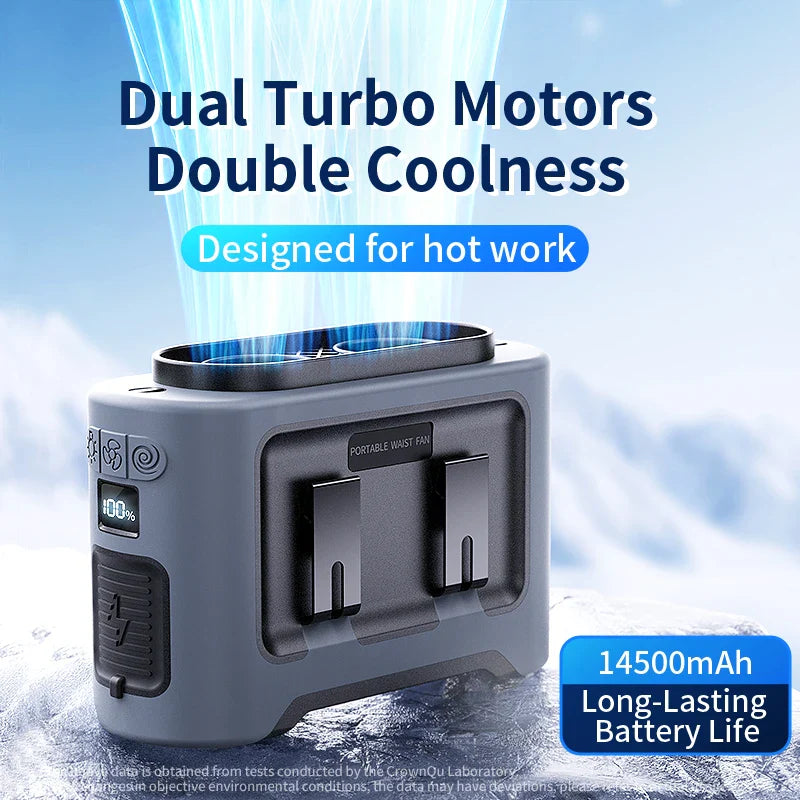 Carvallo StormClip Bärbar Utomhus-Bältesfläkt 2025 | 5-stegs Turbo-Vind | 360° Vridklipp | Powerbank & LED-ljus