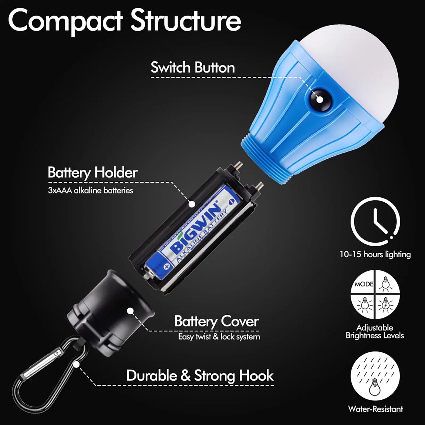Carvallo LumoTrek med karbinhake | 3 ljuslägen & 3 LED | Kompakt & Lätt | För camping, vandring & nödsituationer