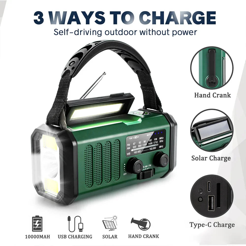 10000mAh Solcells Handvevad Nödradio med NOAA, Ficklampa och Powerbank