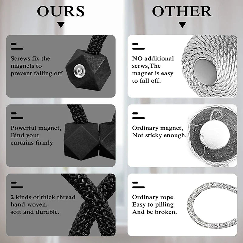 Carvallo gardinstång med magnet | 2-pack | Tjock rep-design & Stark grepp | För vardagsrum, sovrum & kök