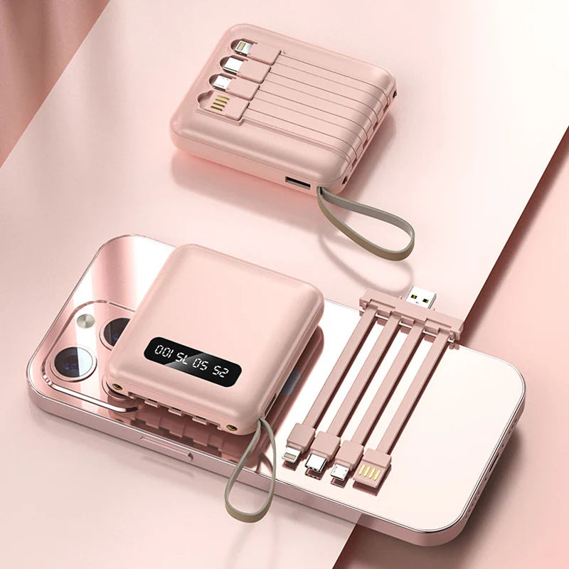 Carvallo-Powerbank med spegeldisplay | 20.000 mAh | Snabb laddningsfunktion & integrerade kablar | För iPhone, Samsung, Xiaomi & mer