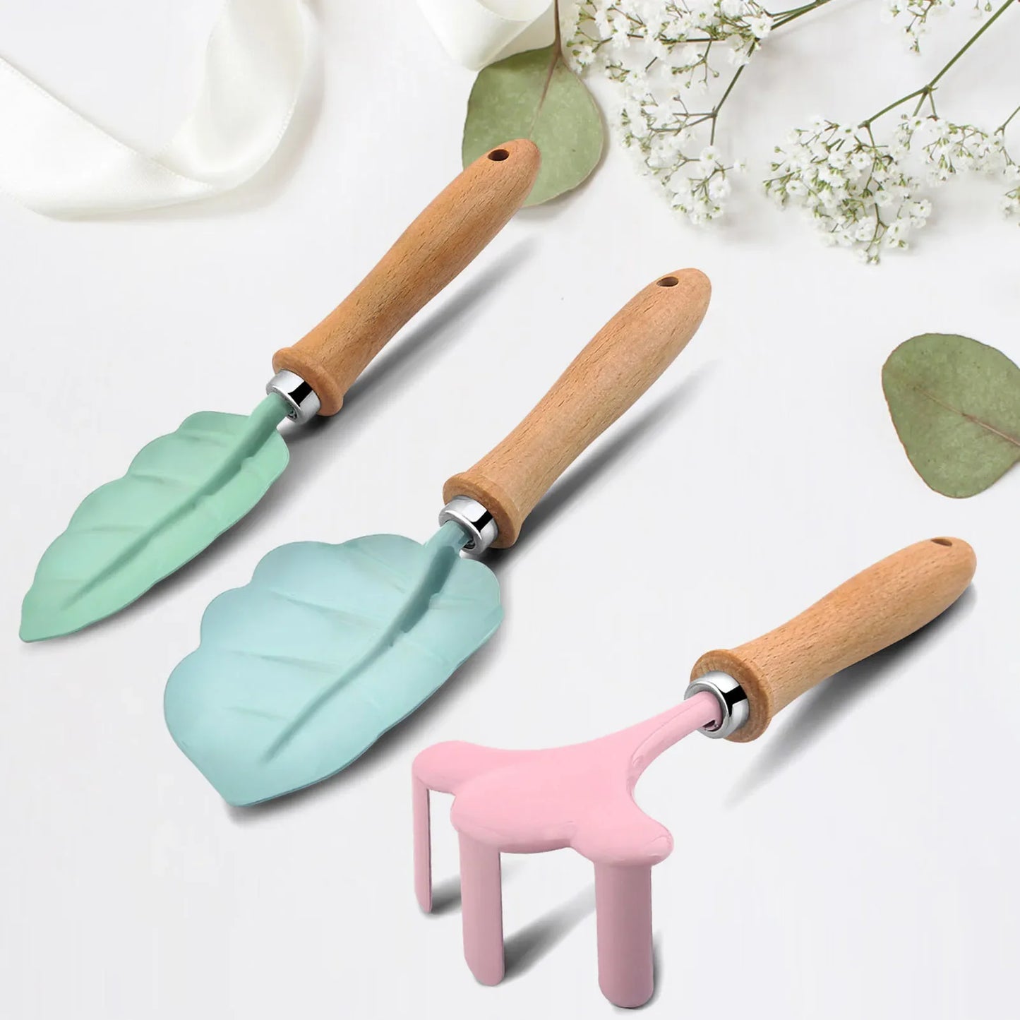 Carvallo MiniGarden Barn-trädgårdset med blad- & blomdesign | Trädgårdsskovel, kratta & gaffel av trä & metall