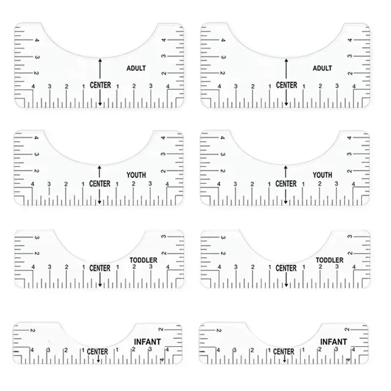 Carvallo T-Shirt Justeringslinjaler i set | 4/8 styck | Flexibelt PVC-mätsverktyg för textiltryck & sömnadsarbeten | För vuxna & barnstorlekar