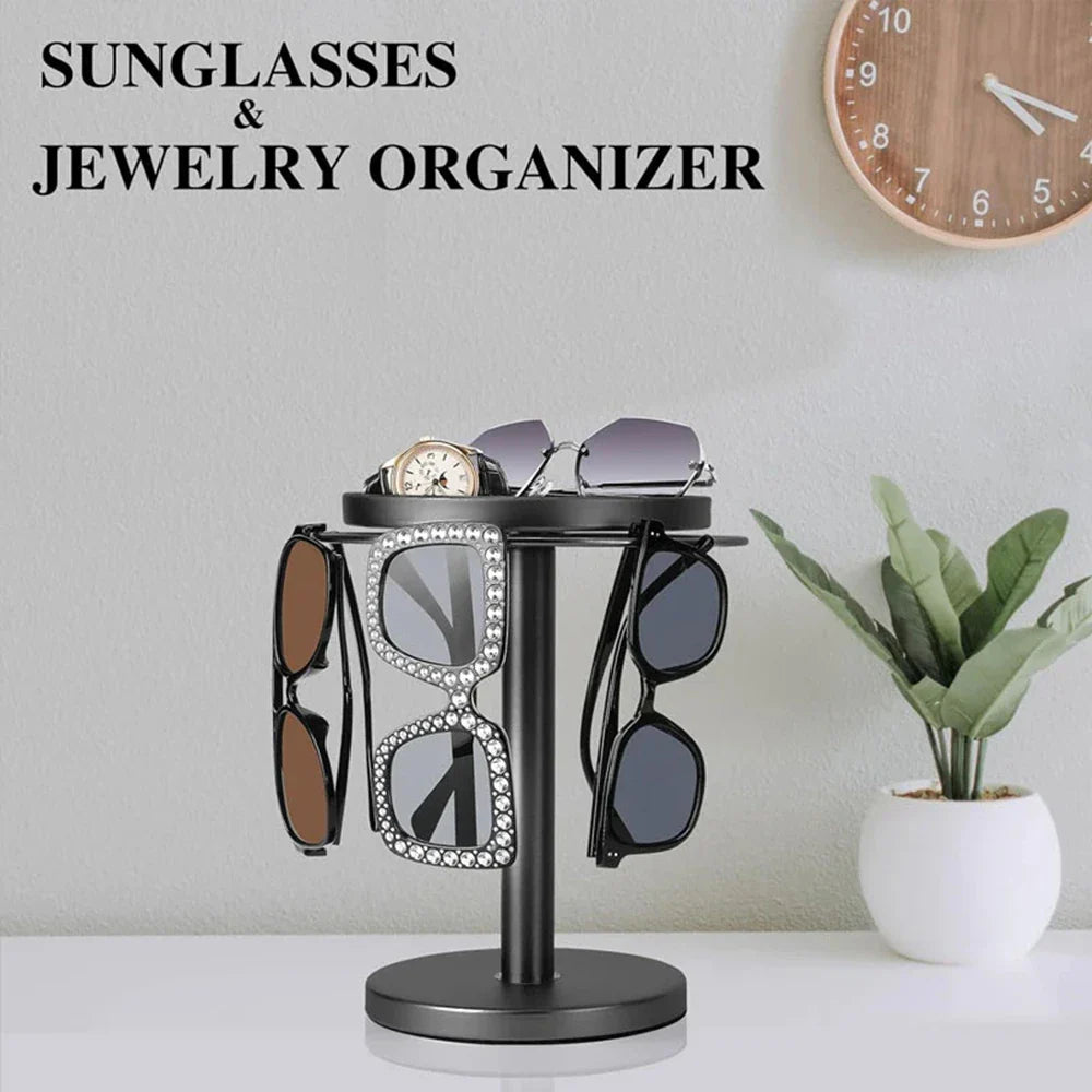 Carvallo Rotatable Sunglasses Organizer | 360° Rotating Stand with Jewelry Tray | Stainless Steel | 20 × 24 × 15 cm