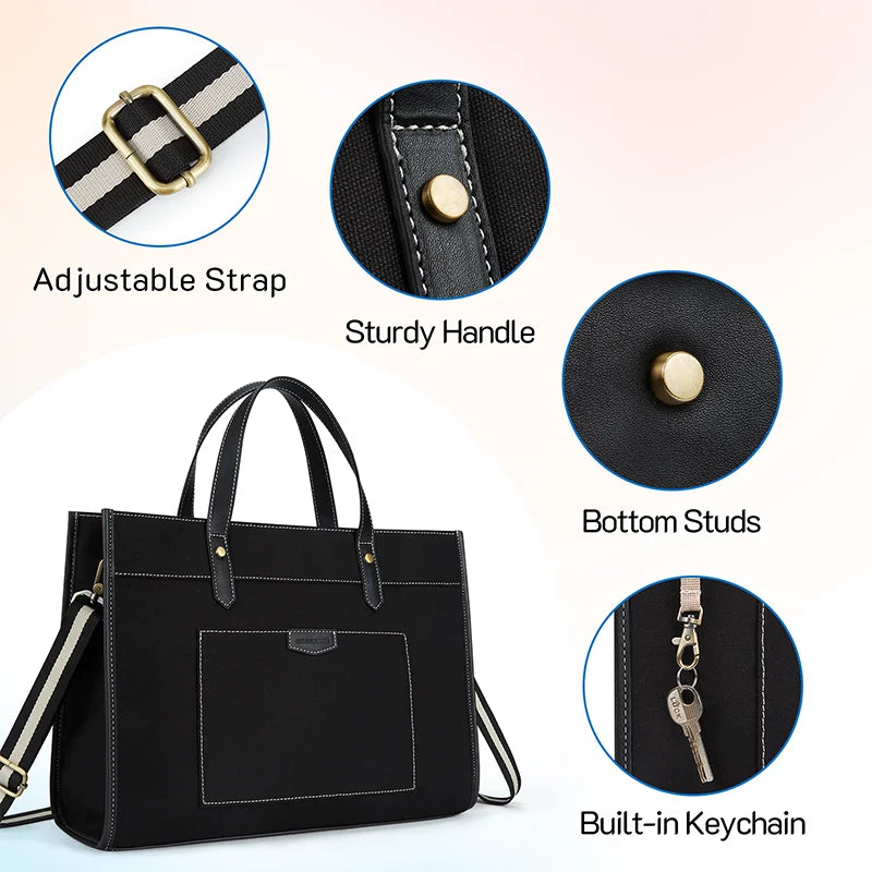 Carvallo Canvas Laptop-väska Dam 15,6 tum | Stor axelväska med fack för kontor, universitet och resor | Stilig handväska med axelremmar och laptopfack