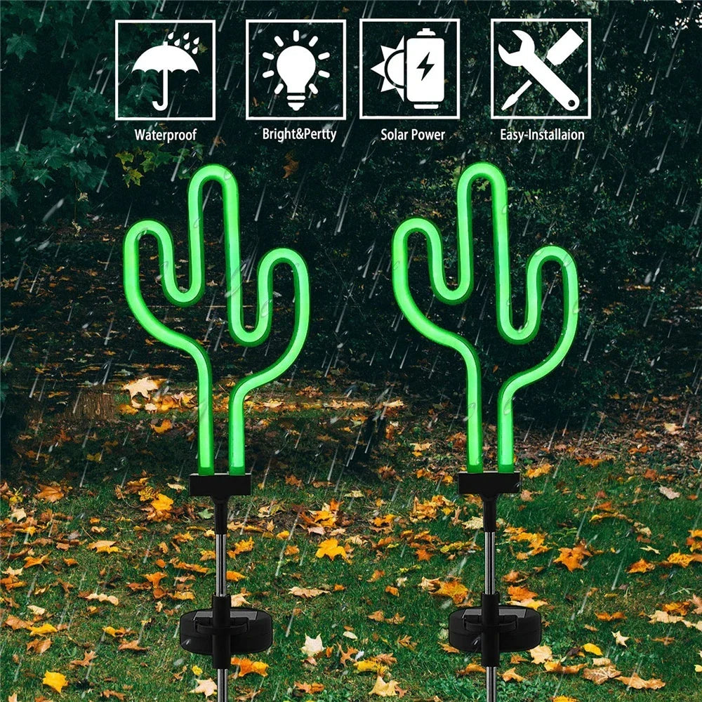 Carvallo NaturDécor Solar-Neon-Trädgårdslampa Kaktus & Flamingo | LED Jordspett IP65 Vattentät