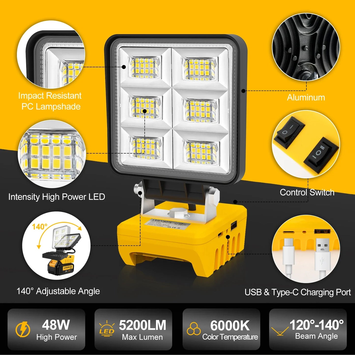 Carvallo 48 LED Arbetsljus | 48W Batteribygglampa | 5200 Lumen | USB-C Laddport | För DeWalt-batterier (utan batteri)