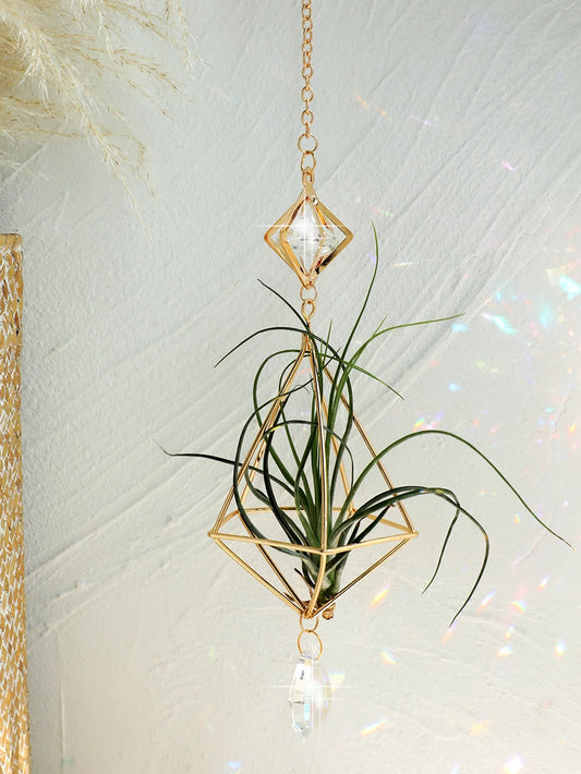 Carvallo Geometrisk Växtställ | Guld Hängande Airplant Hållare | Dekorativ Suncatcher med Kristall för Hem & Trädgård
