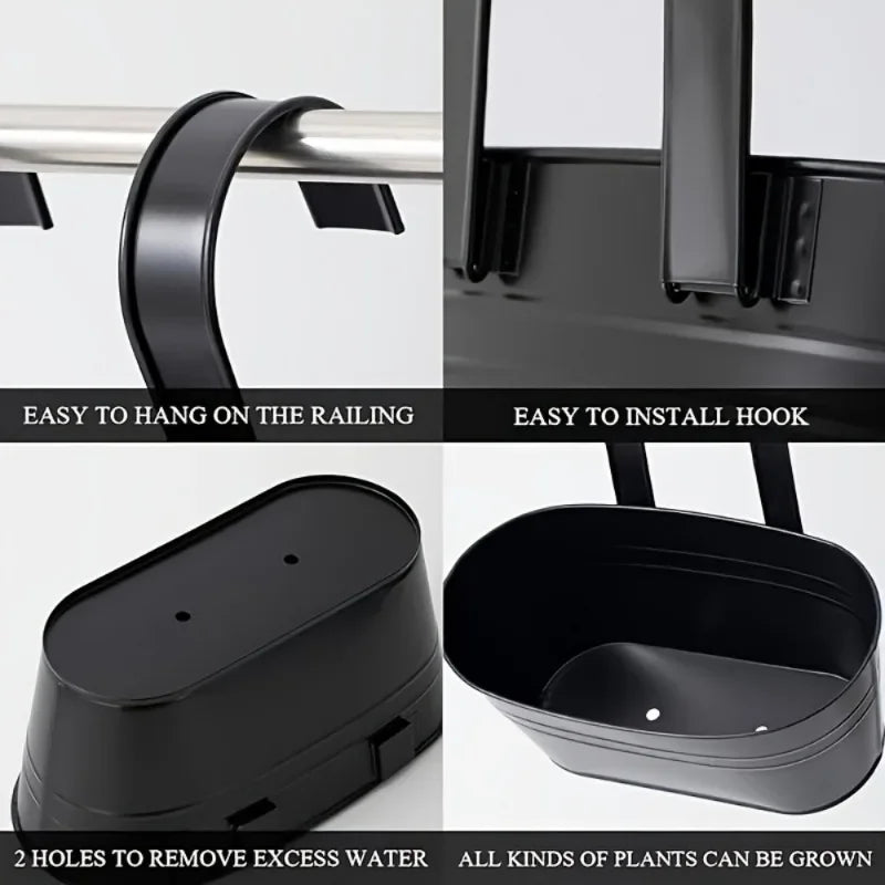 Carvallo Balkongkärl | Hängande växtkärl i metall med krok | Rostfri & Med vattenavlopp | Svart eller Vit