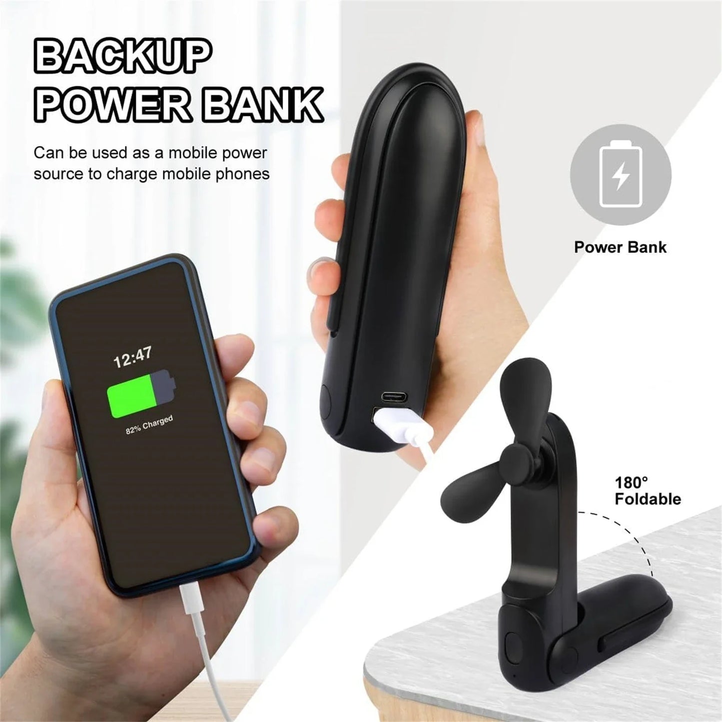 Carvallo 3i1 Mini Fläkt | Handfläkt med Powerbank & Ficklampa | Fällbar, Tyst & Barnsäker – USB uppladdningsbar