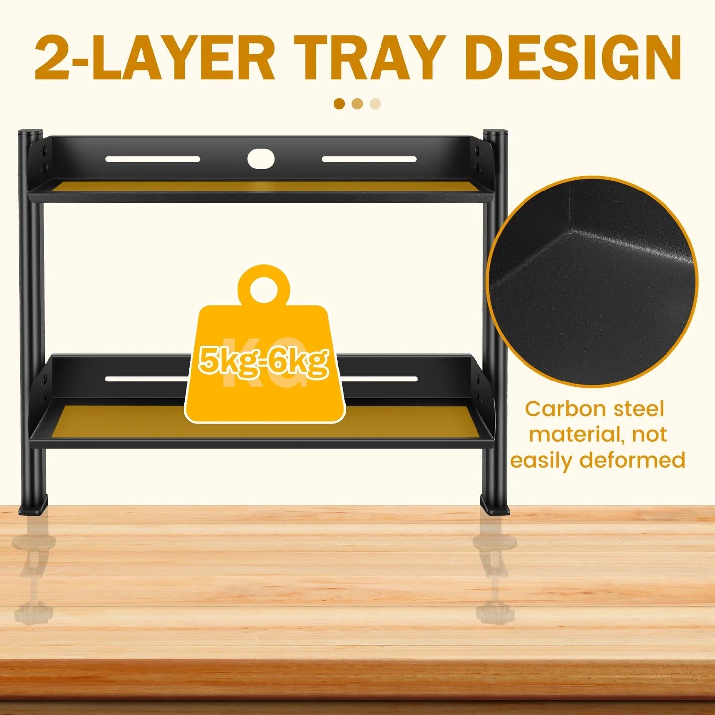 Carvallo Pro Tvåvånings skrivbordshylla med klämma | Platsbesparande organiserare | Höj- och sänkbar & utan borrning | 44 × 39 × 15,5 cm