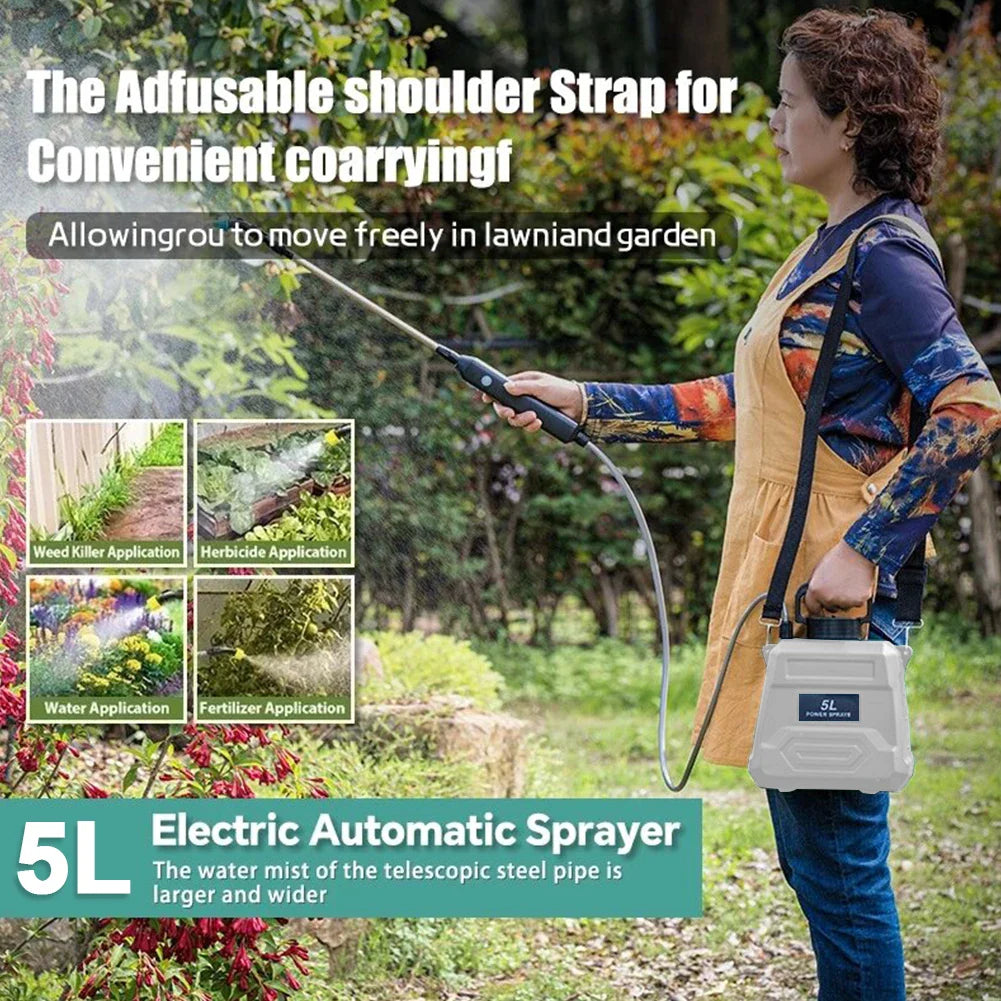 Carvallo Pro Akku-Druckspruta | 5 L axelsprutflaska | USB-laddning & justerbar munstycke | För trädgård, rengöring & ogräsbekämpning