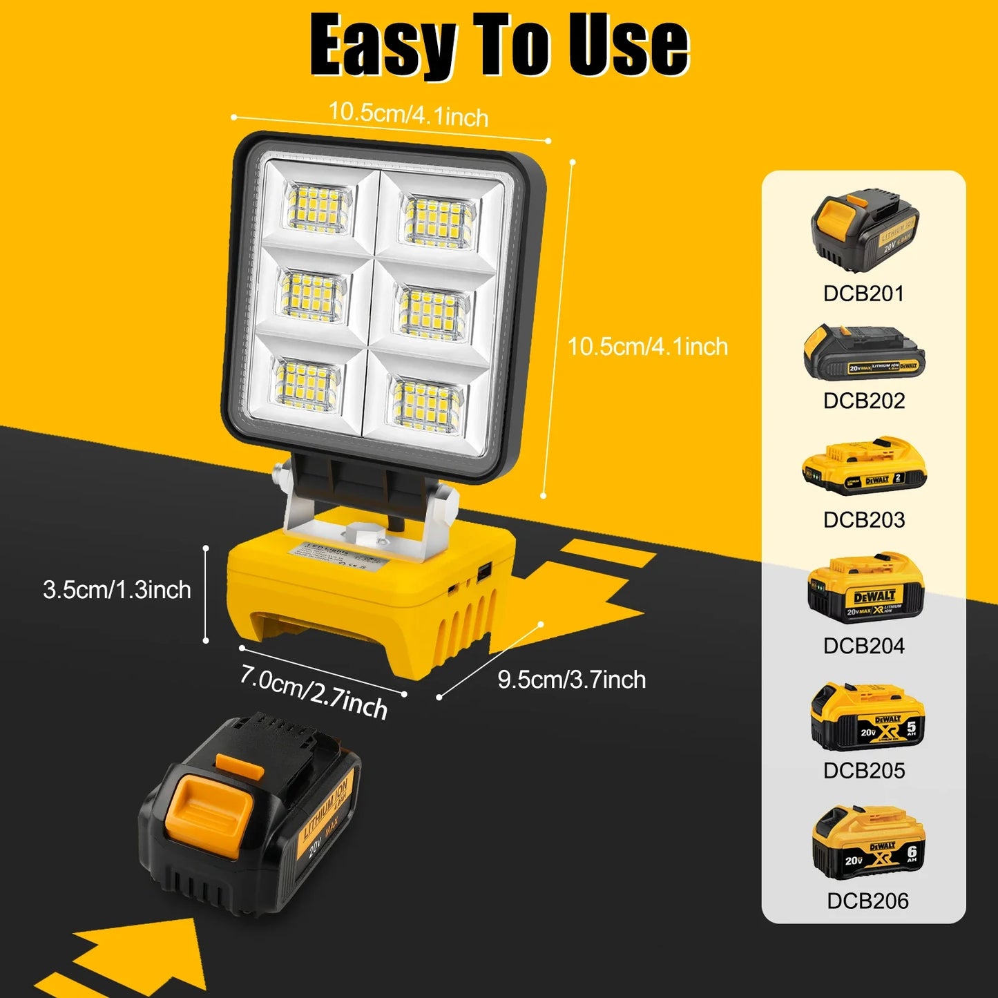 Carvallo 48 LED Arbetsljus | 48W Batteribygglampa | 5200 Lumen | USB-C Laddport | För DeWalt-batterier (utan batteri)