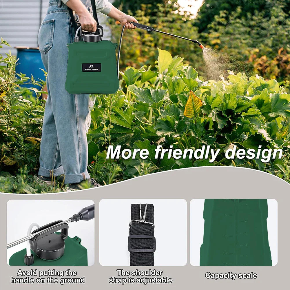 Carvallo Pro Akku-Druckspruta | 5 L axelsprutflaska | USB-laddning & justerbar munstycke | För trädgård, rengöring & ogräsbekämpning