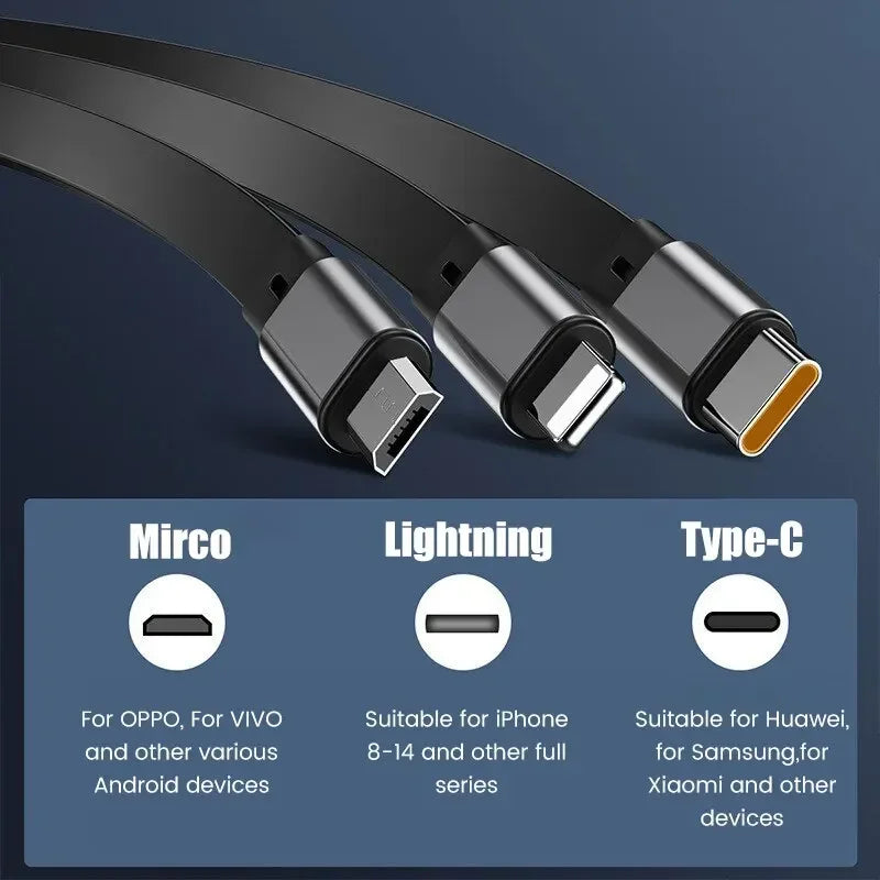 Carvallo 2-in-1 Laddkabel | Snabbladdning 100W | Utdragbar & Universell | FlexiCharge för iPhone, Android & USB-C