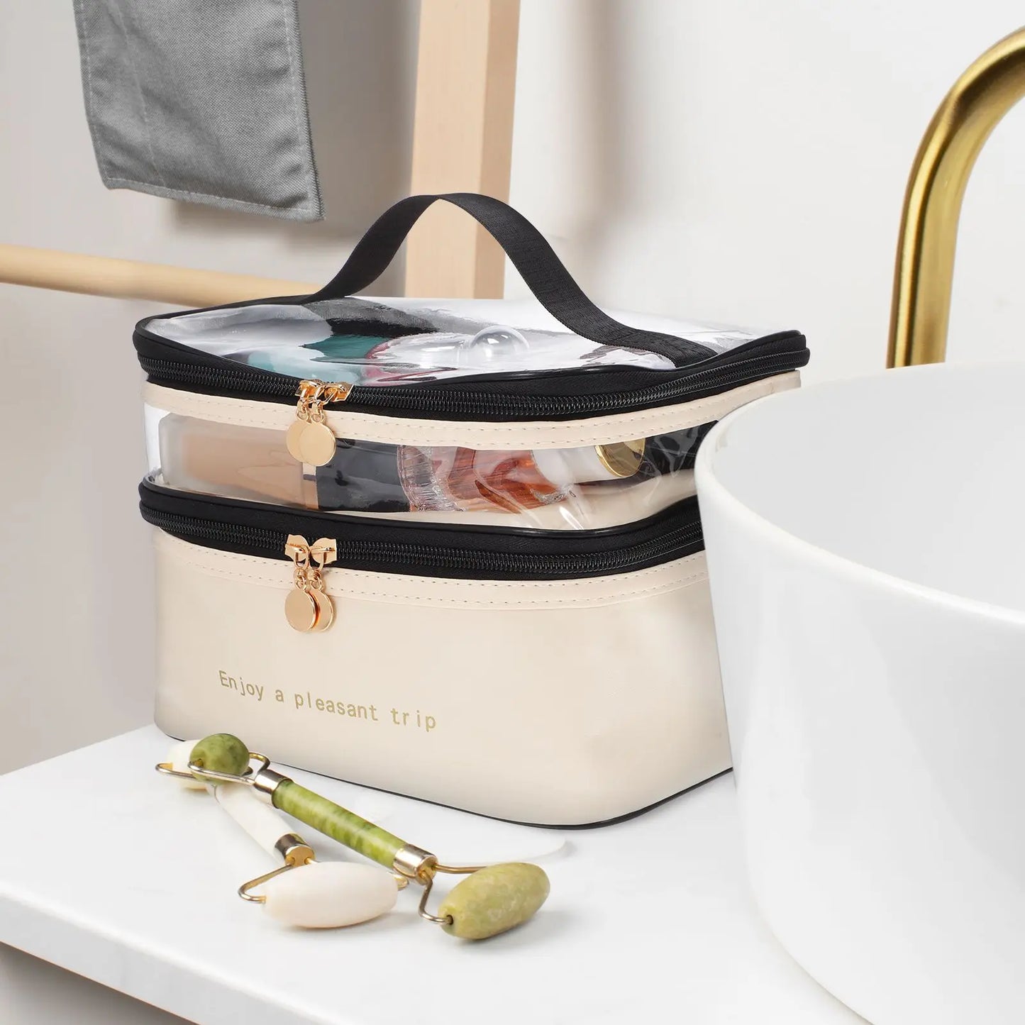 Carvallo TravelCase Kosmetiktasche mit Doppelkammer | 23 × 17 × 16 cm | Vattentålig & Transparent | För resor & skönhetsprodukter