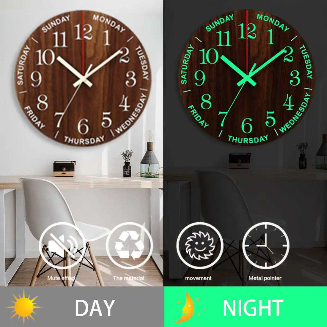 GlowClock - Tyst Trä Väggklocka med Nattljus