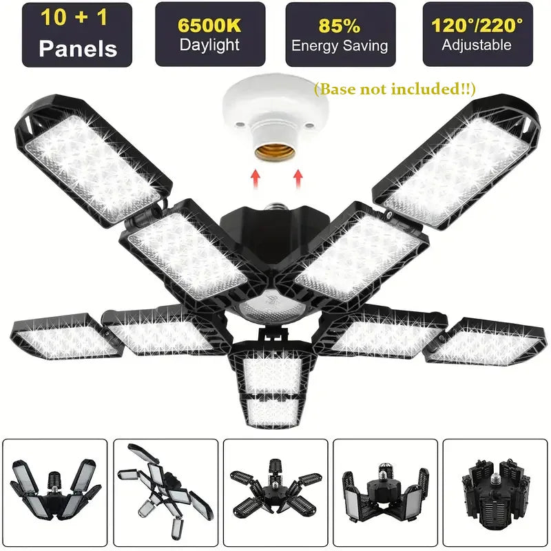 Carvallo LED Garage Lamp | Foldable Ceiling Light with 3–12 Adjustable Panels | E27 Socket | 6500K Daylight – For Workshop, Warehouse & Garage