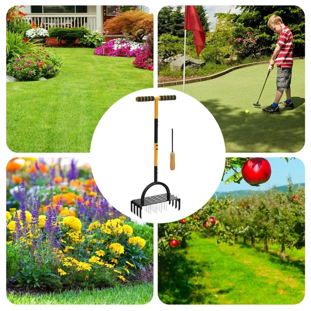 Carvallo AirCore Pro 2-i-1 Handgräsmatta-luftare av stål | Med 16 spikar & 8 jordkärnor | För trädgård, gräsmatta & markvård