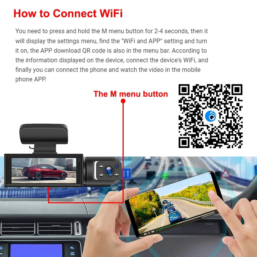 1080P WiFi Dubbelkamera Dash Cam – Främre &amp; Inuti Bilkamera med IR Nattvision &amp; Loopinspelning