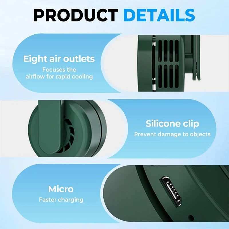 Carvallo Mini Fläkt | USB-Uppladdningsbar & Låg ljudnivå | Utan rotorblad | För att klämma fast på skjorta, bälte eller hals