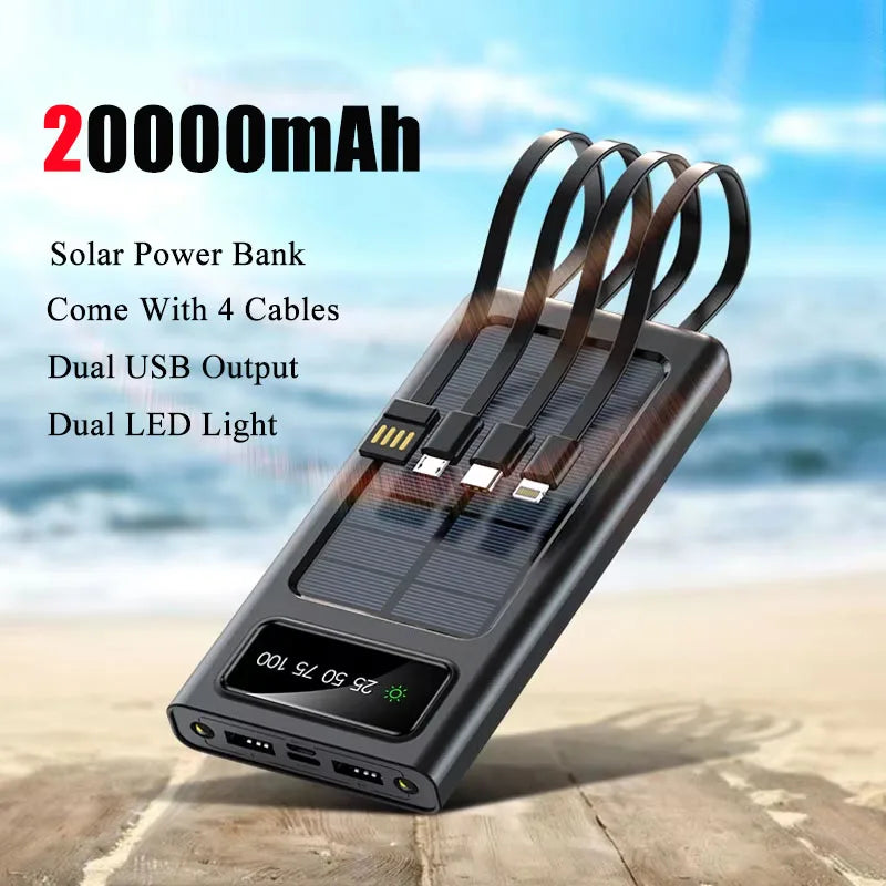 Carvallo Solar Powerbank | 10.000/20.000 mAh | Snabbladdningsfunktion & 4 integrerade kablar | För iPhone, Samsung, Huawei & mer