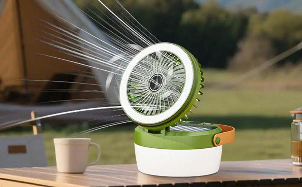 Carvallo Fällbar Sol-Campinglampa med Fläkt 12 × 12 cm | 2-i-1 Tältslampa & Kylfläkt med 4 Ljuslägen | USB & Solarbatteri utomhuskombination